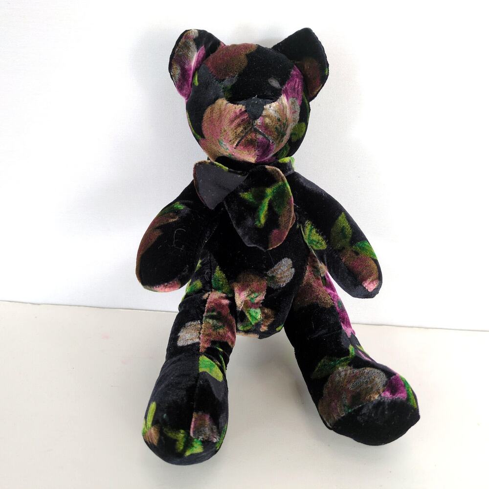Vintage CHICO'S Black Floral Velvet 9" Teddy Bear Velveteen Stuffed Animal Plush